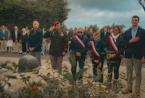 Family members and Maj. Robert Felix assigned to the 82nd Airborne Division honors the fallen Soldiers during the Hill 95 commemoration ceremony at Neufmesnil, France on Jun 4, 2026. This ceremony pays tribute to the 508th Parachute Infantry Regiment, 82nd Airborne Division who bravely fought in their final battle of the invasion of Normandy.
