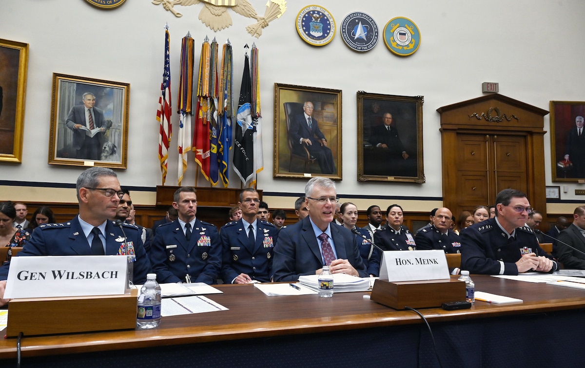 U.S. Air Force Chief of Staff Gen. Ken Wilsbach, Secretary of the Air Force Troy Meink and U.S. Space Force Chief of Space Operations Gen. Chance Saltzman testify during a House Armed Services Committee hearing in Washington, D.C., May 20, 2026. The leaders outlined the Department of the Air Force's fiscal year 2027 budget request, emphasizing readiness, modernization and investments needed to address evolving threats across the air and space domains. (U.S. Air Force photo by Chad Trujillo)