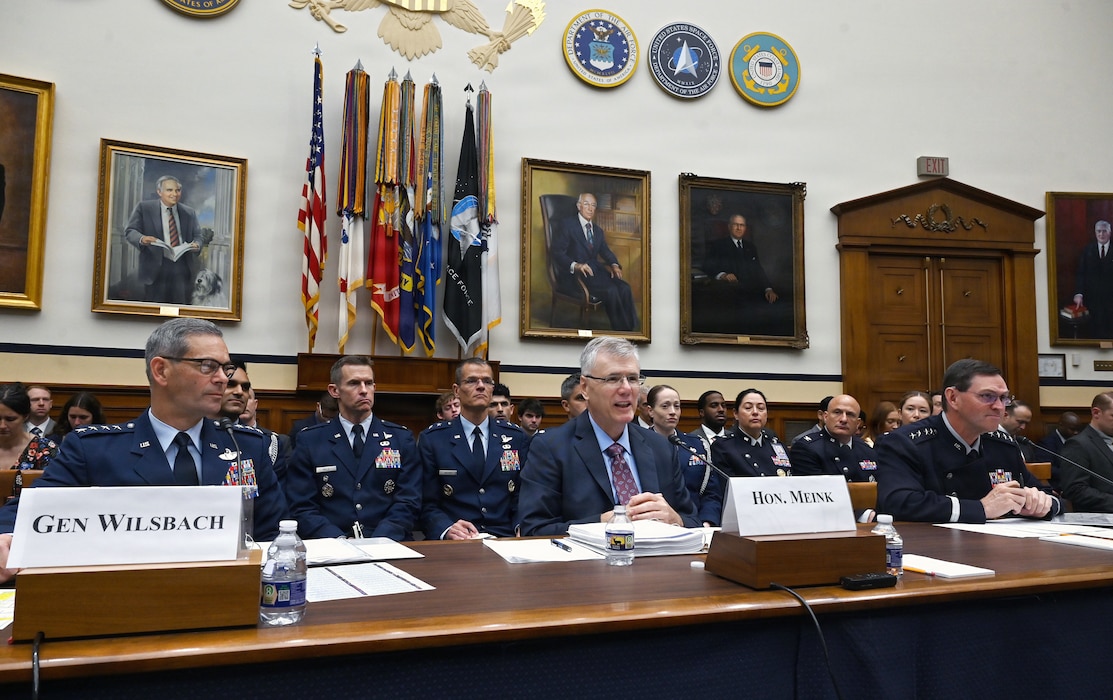 U.S. Air Force Chief of Staff Gen. Ken Wilsbach, Secretary of the Air Force Troy Meink and U.S. Space Force Chief of Space Operations Gen. Chance Saltzman testify during a House Armed Services Committee hearing in Washington, D.C., May 20, 2026. The leaders outlined the Department of the Air Force's fiscal year 2027 budget request, emphasizing readiness, modernization and investments needed to address evolving threats across the air and space domains. (U.S. Air Force photo by Chad Trujillo)