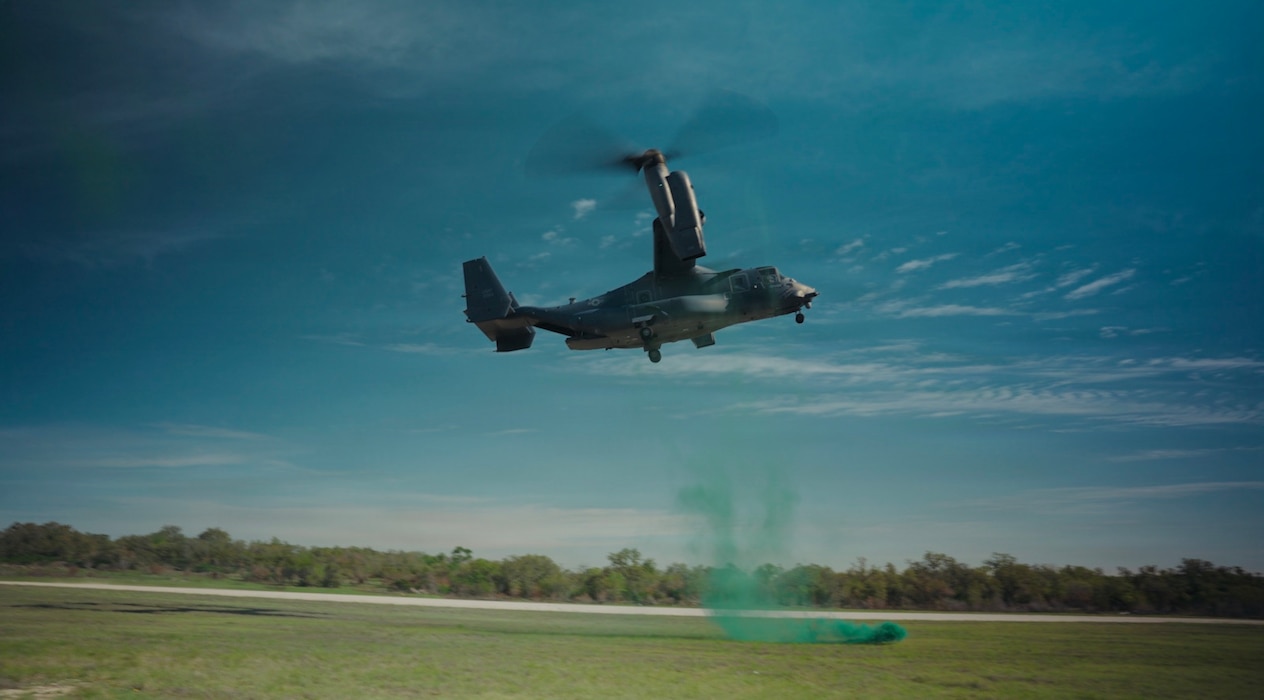 A CV-22 Osprey assigned to the 71st Special Operations Squadron prepares to land during the Pararescue Advanced Tactical Paramedic Culmination Exercise at Joint Base San Antonio-Lackland, Texas, May 26, 2026. The five-day exercise incorporated operational scenarios designed to prepare Airmen for real-world field conditions. (U.S. Air Force photo by Senior Airman Grace St. Pierre)
