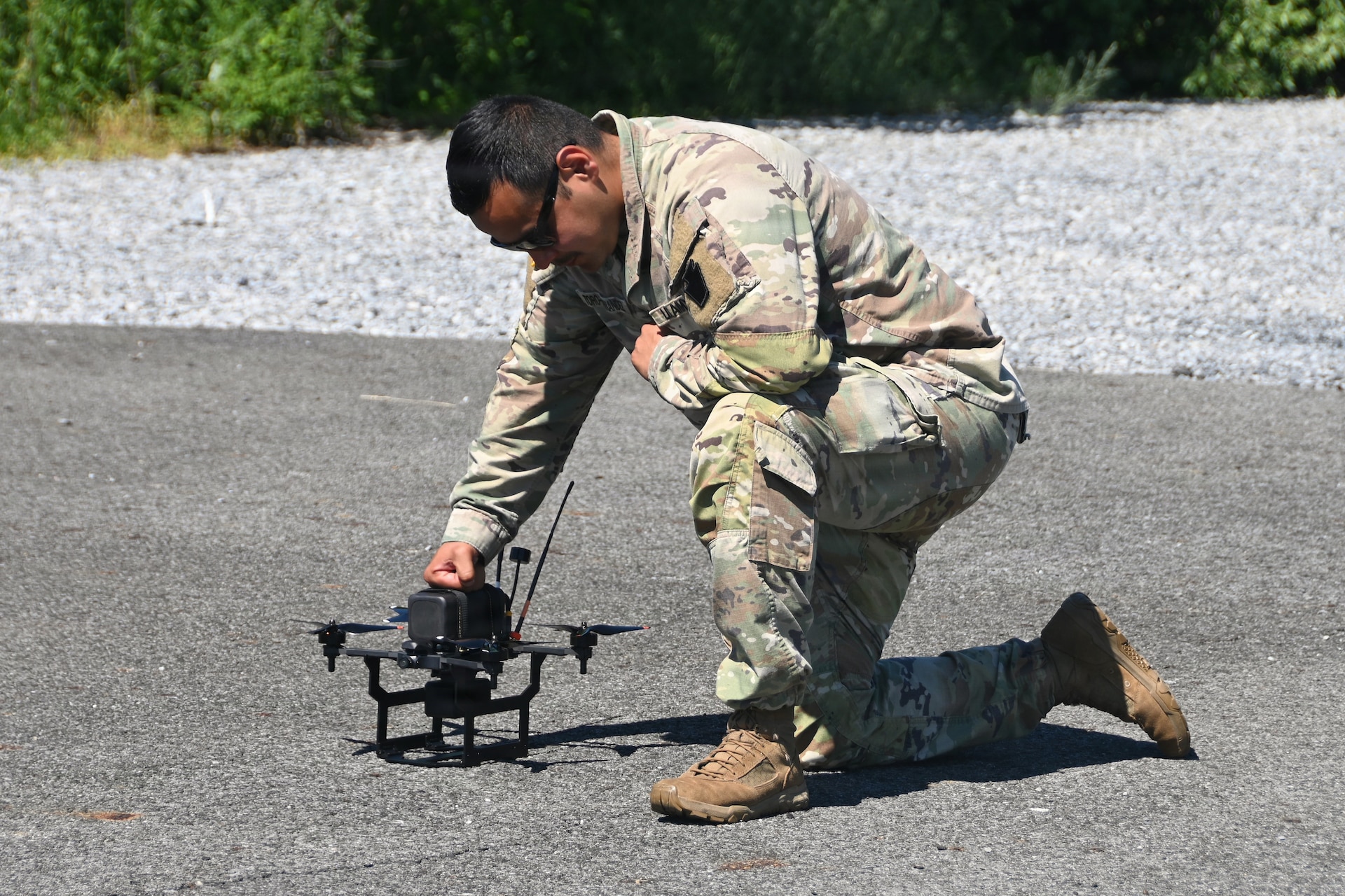 A Soldier prepares a Neros Archer first-person-view drone for flight during new equipment training at the Fort Indiantown Gap Unmanned Aircraft System Training and Innovation Facility June 3, 2026, at Fort Indiantown Gap, Pennsylvania. The Archer is the first of eight drones the Soldiers at the TIF will receive training on so that they can train other Soldiers as part of the Department of War’s Drone Dominance Program. (Pennsylvania National Guard photo by Brad Rhen)