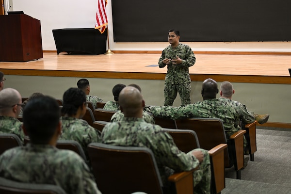 U.S. Navy Bureau of Medicine and Surgery Force Master Chief Jerry Cantorna, director, U.S. Navy Hospital Corps, speaks to Sailors assigned to Navy Medicine Training Support Command during an all hands call at the Medical Education and Training Campus, June 2, 2026. Cantorna’s visit to NMTSC emphasized Navy Medicine’s focus on the health, warfare, and training of Sailors and Marines. (U.S. Navy photo Mass Communication Specialist 1st Class Shayla D. Hamilton)