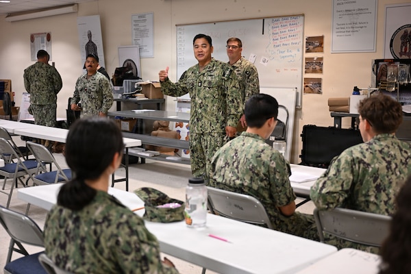 U.S. Navy Bureau of Medicine and Surgery Force Master Chief Jerry Cantorna, director, U.S. Navy Hospital Corps, speaks to hospital corpsman “A” school students assigned to Navy Medicine Training Support Command at the Medical Education and Training Campus, June 2, 2026. Cantorna’s visit to NMTSC emphasized Navy Medicine’s focus on the health, warfare, and training of Sailors and Marines. (U.S. Navy photo Mass Communication Specialist 1st Class Shayla D. Hamilton)