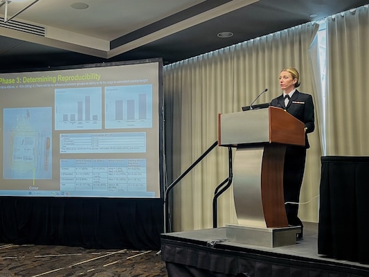 U.S. Navy Lt. Erin N. Snyder, resident physician at Naval Medical Center San Diego, delivers a presentation at the 2026 Scientific Assembly of the Special Operations Medical Association in Raleigh, North Carolina, April 28. NMCSD employs more than 5,500 active-duty military personnel, civilians, and contractors in Southern California to deliver exceptional care afloat and ashore. (U.S. Navy photo by courtesy asset)
