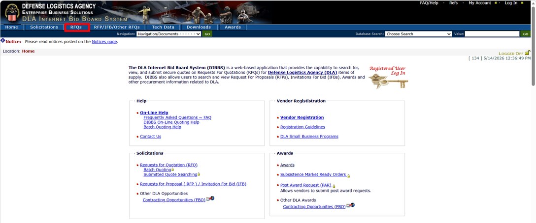 Click RFQs tab in DIBBS to access Requests for Quotations.