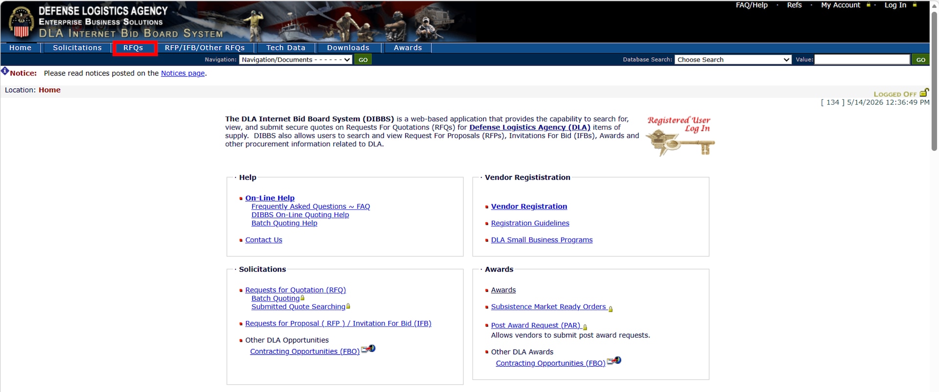 Click RFQs tab in DIBBS to access Requests for Quotations.