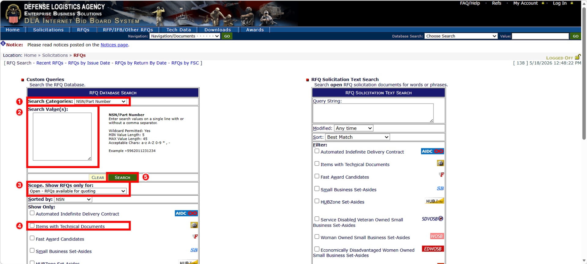 Using the provided search filters, search the RFQ database.