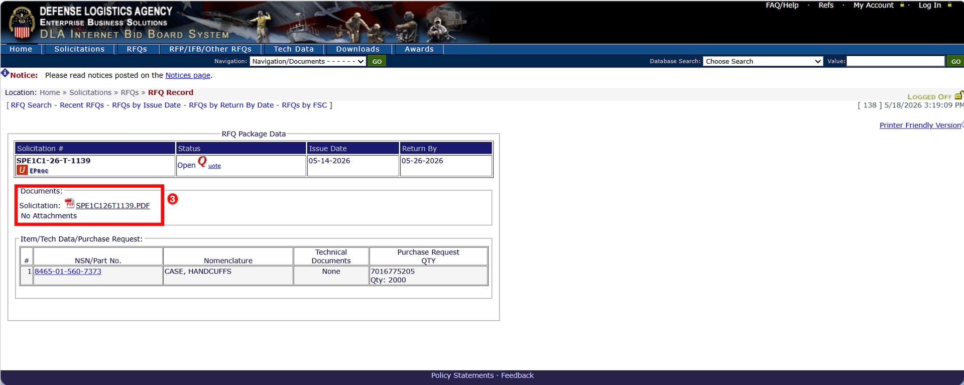 Click on the solicitation link in DIBBS to download the main solicitation document (SF33 or similar).