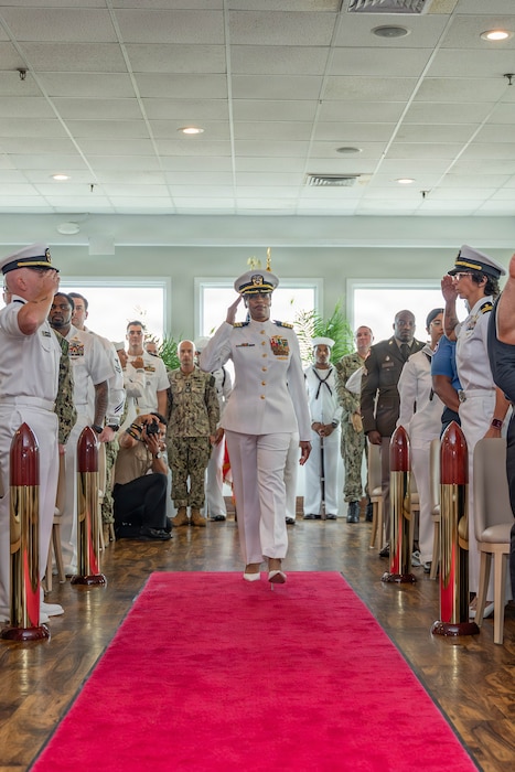 (260603-Z-DH100-1051)

GUANTANAMO BAY, Cuba (June 3, 2026) - Navy Capt. Toni A. Bowden is piped aboard as she arrives at her change of command ceremony at the Bayview aboard Naval Station Guantanamo Bay, June 3, 2026. During the ceremony, Bowden assumed the roles of commanding officer, U.S. Navy Medicine Readiness and Training Command Guantanamo Bay; commander, Joint Medical Group, Joint Task Force Guantanamo; and director, U.S. Naval Hospital Guantanamo Bay. (U.S. Army National Guard photo by Sgt. Ryan Lamb)