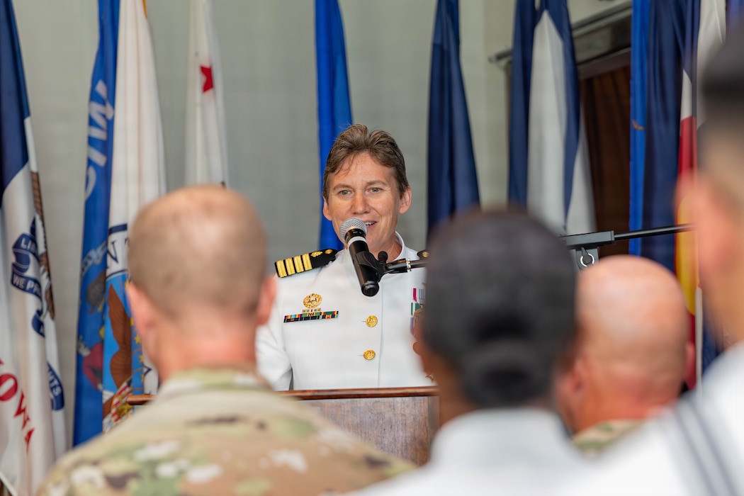 (260603-Z-DH100-1092)

GUANTANAMO BAY, Cuba (June 3, 2026) - Capt. Tammy E. Servies addresses guests during a change of command ceremony at the Bayview aboard Naval Station Guantanamo Bay, June 3, 2026. Servies relinquished her roles as commanding officer of U.S. Navy Medicine Readiness and Training Command Guantanamo Bay, commander of Joint Medical Group, Joint Task Force Guantanamo, and director of U.S. Naval Hospital Guantanamo Bay during the ceremony. (U.S. Army National Guard photo by Sgt. Ryan Lamb)