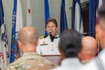 (260603-Z-DH100-1092)

GUANTANAMO BAY, Cuba (June 3, 2026) - Capt. Tammy E. Servies addresses guests during a change of command ceremony at the Bayview aboard Naval Station Guantanamo Bay, June 3, 2026. Servies relinquished her roles as commanding officer of U.S. Navy Medicine Readiness and Training Command Guantanamo Bay, commander of Joint Medical Group, Joint Task Force Guantanamo, and director of U.S. Naval Hospital Guantanamo Bay during the ceremony. (U.S. Army National Guard photo by Sgt. Ryan Lamb)