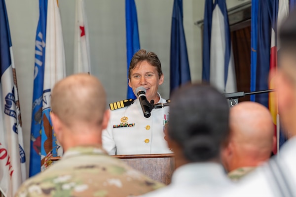(260603-Z-DH100-1092)

GUANTANAMO BAY, Cuba (June 3, 2026) - Capt. Tammy E. Servies addresses guests during a change of command ceremony at the Bayview aboard Naval Station Guantanamo Bay, June 3, 2026. Servies relinquished her roles as commanding officer of U.S. Navy Medicine Readiness and Training Command Guantanamo Bay, commander of Joint Medical Group, Joint Task Force Guantanamo, and director of U.S. Naval Hospital Guantanamo Bay during the ceremony. (U.S. Army National Guard photo by Sgt. Ryan Lamb)