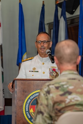 (260603-Z-DH100-1079)

GUANTANAMO BAY, Cuba (June 3, 2026) - Rear Adm. Robert J. Hawkins, commander, Naval Medical Forces Atlantic, and director, Defense Health Network Atlantic, addresses guests during a change of command ceremony between Capt. Tammy E. Servies and Capt. Toni A. Bowden at the Bayview aboard Naval Station Guantanamo Bay, June 3, 2026. During the ceremony, Servies relinquished command to Bowden, marking a leadership transition for one of the Department of War's most operationally unique medical commands supporting healthcare delivery, force readiness and joint medical operations. (U.S. Army National Guard photo by Sgt. Ryan Lamb)