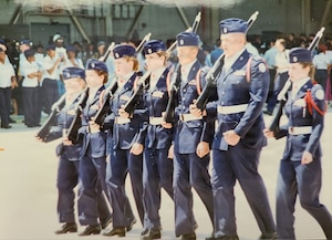 Then-U.S. Air Force Junior Reserve Officer Training Corps Cadet Kelli R. Moon, far right, leads the drill team at Belton-Honea Path High School, Honea Path, South Carolina in 1997. Moon retired from the Air Force as a colonel in 2026 after 25 years of service and credited her JROTC experience with igniting her interest in an Air Force career. (Courtesy photo provided by Col. Moon)