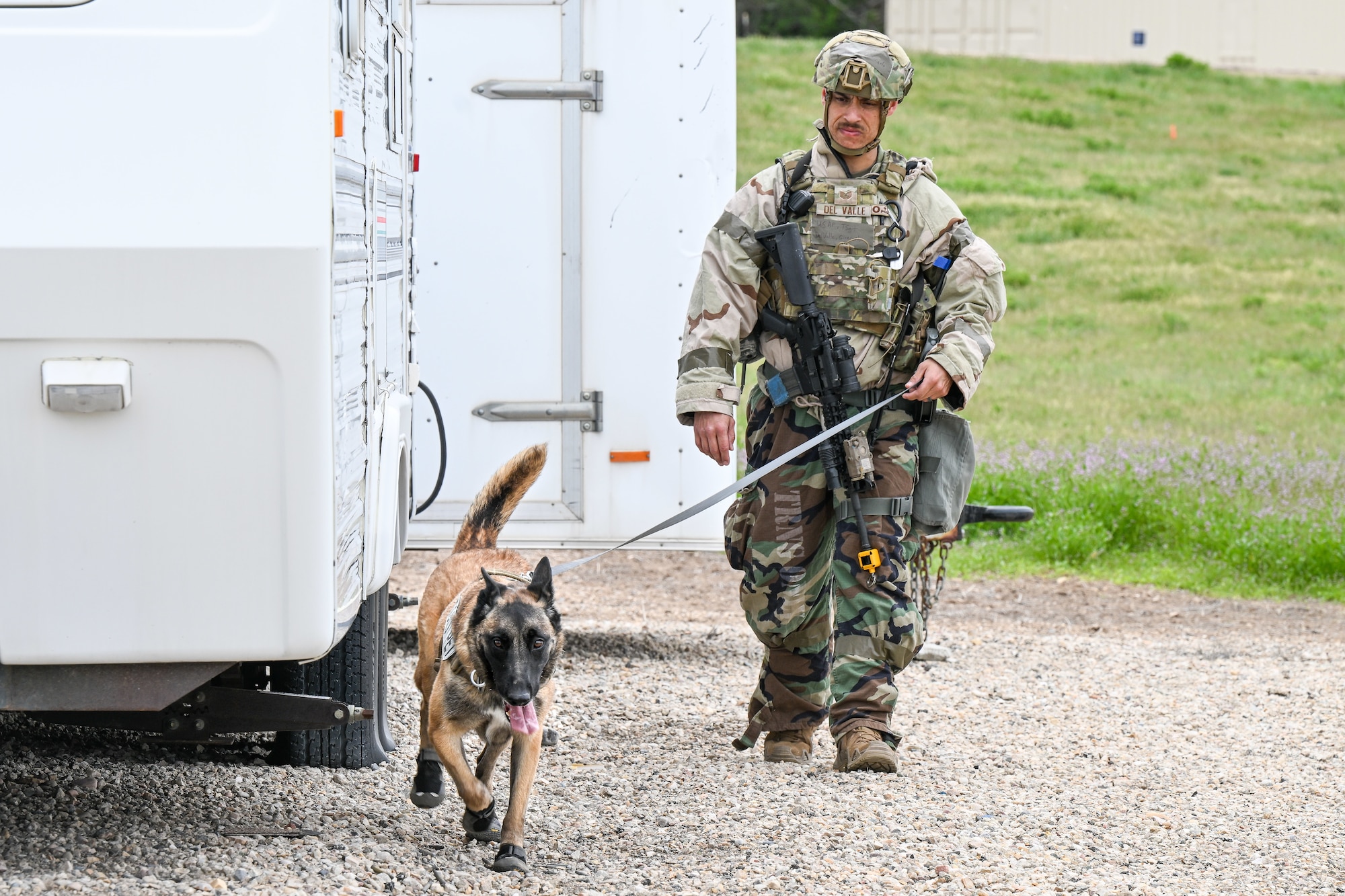 Military personnel in camouflage uniform walking a military working dog on a leash beside a white trailer on gravel.