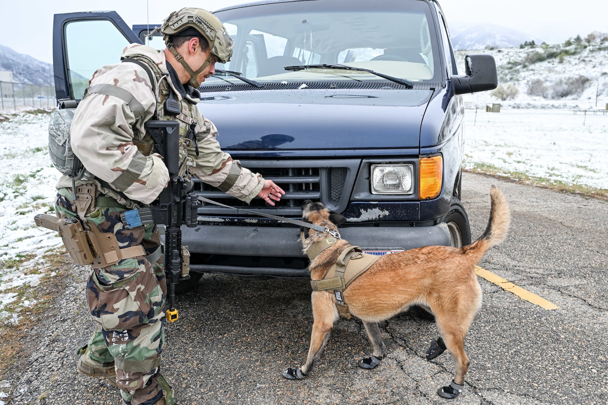 Airman in camouflage gear directing a military working dog to sniff in front of a dark blue vehicle on a snowy road.