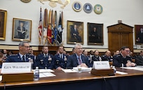 U.S. Air Force Chief of Staff Gen. Ken Wilsbach, Secretary of the Air Force Troy Meink and U.S. Space Force Chief of Space Operations Gen. Chance Saltzman testify during a House Armed Services Committee hearing in Washington, D.C., May 20, 2026. The leaders outlined the Department of the Air Force's fiscal year 2027 budget request, emphasizing readiness, modernization and investments needed to address evolving threats across the air and space domains. (U.S. Air Force photo by Chad Trujillo)
