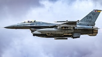 A U.S. Air Force F-16 Fighting Falcon aircraft takes off in the U.S. Central Command area of responsibility, May 21, 2026. The aircraft supported regional security and deterrence operations while demonstrating the Air Force's ability to rapidly project combat airpower across the theater. (U.S. Air Force photo by Tech. Sgt. Noah J. Tancer)
