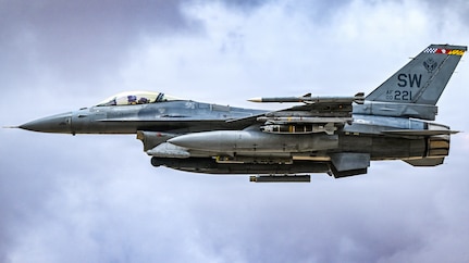 A U.S. Air Force F-16 Fighting Falcon aircraft takes off in the U.S. Central Command area of responsibility, May 21, 2026. The aircraft supported regional security and deterrence operations while demonstrating the Air Force's ability to rapidly project combat airpower across the theater. (U.S. Air Force photo by Tech. Sgt. Noah J. Tancer)