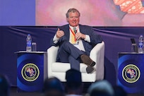Retired U.S. Navy Rear Adm. Patrick Hayden, speaks during a live interactive session at the Sea Power for Africa Symposium, during the Nigerian Navy’s 70th Anniversary Celebration in Lagos, Nigeria June 2, 2026.
