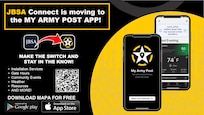 graphic shows a cell phone with the new app on the screen and a QR code to download the new app.