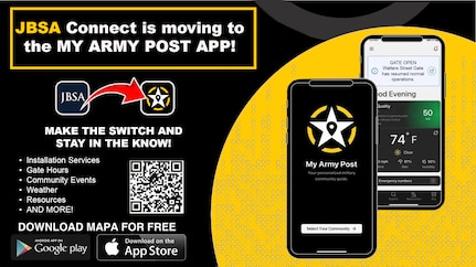graphic shows a cell phone with the new app on the screen and a QR code to download the new app.
