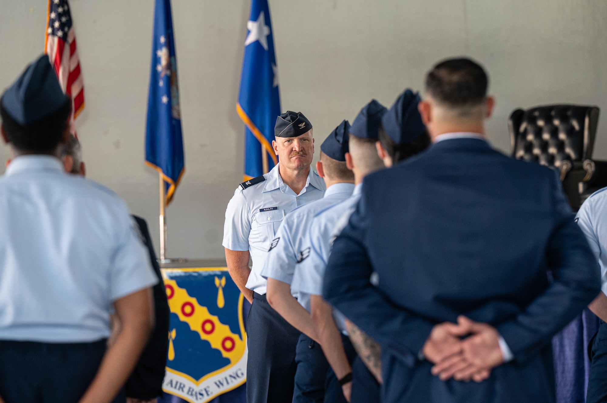 U.S. Air Force Col. Adam Rudolphi, 42d Air Base Wing deputy commander, leads formation during a change of command ceremony at Maxwell Air Force Base, Alabama, June 5, 2026.