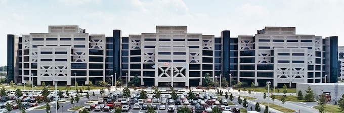 large building and parking lot