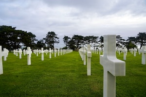 Rows of white headstones, mostly crosses, line a green field with trees in the distrance.