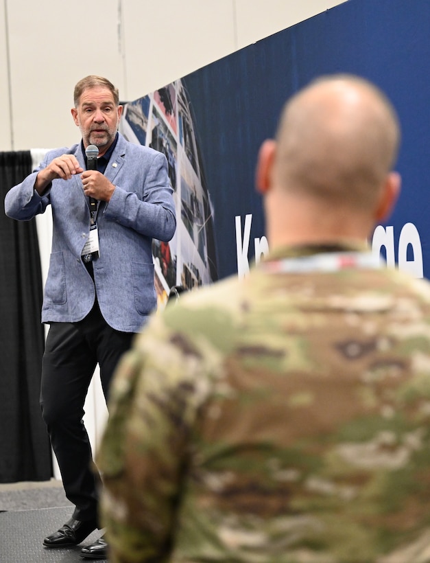 DLA Disposition Services Director Mike Cannon answers a question during his June 2 Knowledge Bar session at the 2026 DLA Supply Chain Alliance Symposium hosted by the National Defense Industrial Association in partnership with the Defense Logistics Agency in Columbus, Ohio.