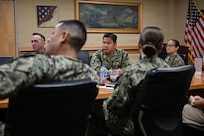 U.S. Navy Bureau of Medicine and Surgery Force Master Chief Jerry Cantorna, director, U.S. Navy Hospital Corps, center, and Master Chief Hospital Corpsman Dante Cooley, deputy director, U.S. Navy Hospital Corps, receive a command briefing from Navy Medicine Training Support Command (NMTSC) leadership during a visit, June 2, 2026. Cantorna’s visit to NMTSC emphasized Navy Medicine’s focus on the health, warfare, and training of Sailors and Marines. (U.S. Navy photo Mass Communication Specialist 1st Class Shayla D. Hamilton)