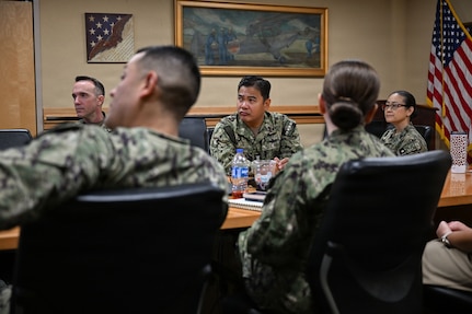 U.S. Navy Bureau of Medicine and Surgery Force Master Chief Jerry Cantorna, director, U.S. Navy Hospital Corps, center, and Master Chief Hospital Corpsman Dante Cooley, deputy director, U.S. Navy Hospital Corps, receive a command briefing from Navy Medicine Training Support Command (NMTSC) leadership during a visit, June 2, 2026. Cantorna’s visit to NMTSC emphasized Navy Medicine’s focus on the health, warfare, and training of Sailors and Marines. (U.S. Navy photo Mass Communication Specialist 1st Class Shayla D. Hamilton)