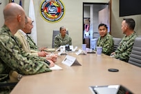 U.S. Navy Bureau of Medicine and Surgery Force Master Chief Jerry Cantorna, director, U.S. Navy Hospital Corps, and Master Chief Hospital Corpsman Dante Cooley, deputy director, U.S. Navy Hospital Corps, meet with Naval Medical Forces Development Command (NMFDC) leadership during a visit to the headquarters building, June 1, 2026. Cantorna’s visit to NMFDC emphasized Navy Medicine’s focus on the health, warfare, and training of Sailors and Marines. (U.S. Navy photo Mass Communication Specialist 1st Class Shayla D. Hamilton)