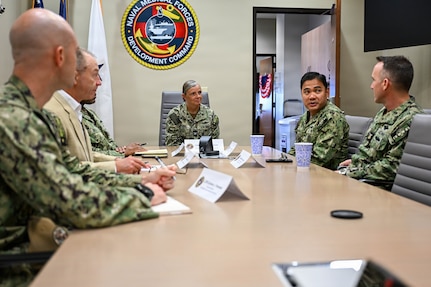 U.S. Navy Bureau of Medicine and Surgery Force Master Chief Jerry Cantorna, director, U.S. Navy Hospital Corps, and Master Chief Hospital Corpsman Dante Cooley, deputy director, U.S. Navy Hospital Corps, meet with Naval Medical Forces Development Command (NMFDC) leadership during a visit to the headquarters building, June 1, 2026. Cantorna’s visit to NMFDC emphasized Navy Medicine’s focus on the health, warfare, and training of Sailors and Marines. (U.S. Navy photo Mass Communication Specialist 1st Class Shayla D. Hamilton)