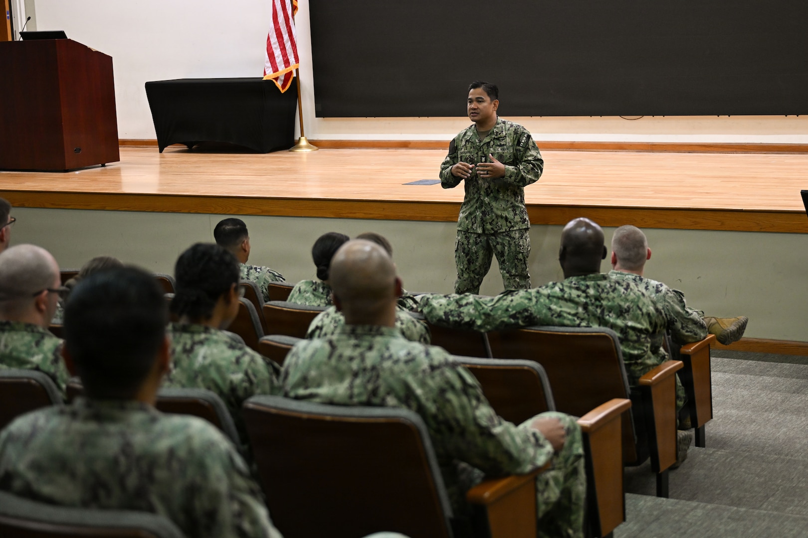 U.S. Navy Bureau of Medicine and Surgery Force Master Chief Jerry Cantorna, director, U.S. Navy Hospital Corps, speaks to Sailors assigned to Navy Medicine Training Support Command during an all hands call at the Medical Education and Training Campus, June 2, 2026. Cantorna’s visit to NMTSC emphasized Navy Medicine’s focus on the health, warfare, and training of Sailors and Marines. (U.S. Navy photo Mass Communication Specialist 1st Class Shayla D. Hamilton)