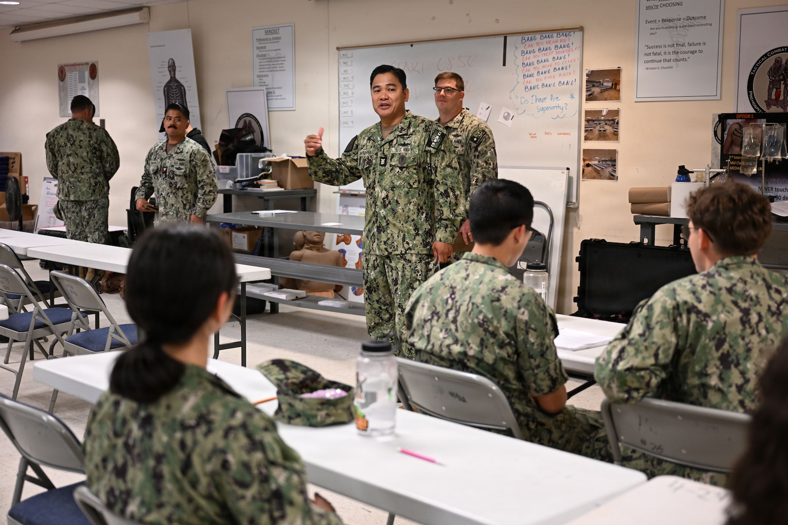 U.S. Navy Bureau of Medicine and Surgery Force Master Chief Jerry Cantorna, director, U.S. Navy Hospital Corps, speaks to hospital corpsman “A” school students assigned to Navy Medicine Training Support Command at the Medical Education and Training Campus, June 2, 2026. Cantorna’s visit to NMTSC emphasized Navy Medicine’s focus on the health, warfare, and training of Sailors and Marines. (U.S. Navy photo Mass Communication Specialist 1st Class Shayla D. Hamilton)