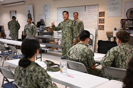 U.S. Navy Bureau of Medicine and Surgery Force Master Chief Jerry Cantorna, director, U.S. Navy Hospital Corps, speaks to hospital corpsman “A” school students assigned to Navy Medicine Training Support Command at the Medical Education and Training Campus, June 2, 2026. Cantorna’s visit to NMTSC emphasized Navy Medicine’s focus on the health, warfare, and training of Sailors and Marines. (U.S. Navy photo Mass Communication Specialist 1st Class Shayla D. Hamilton)