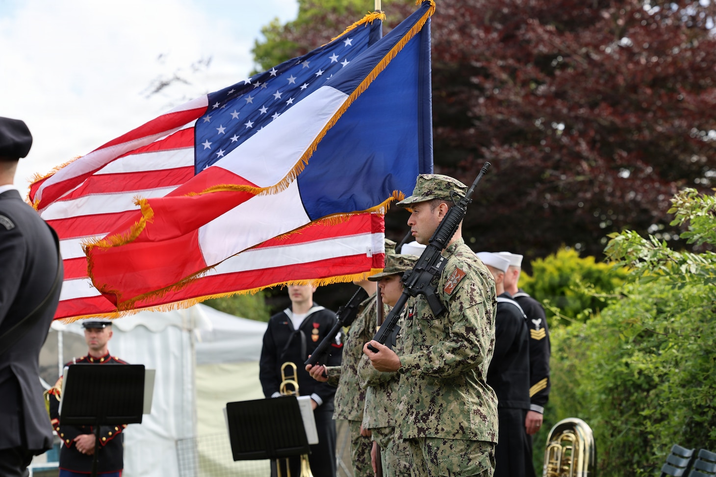 U.S. Navy Color Guard of Naval Forces Europe/Africa stand in formation to honor the memory of both Jack Hamlin and members of Flotilla One.