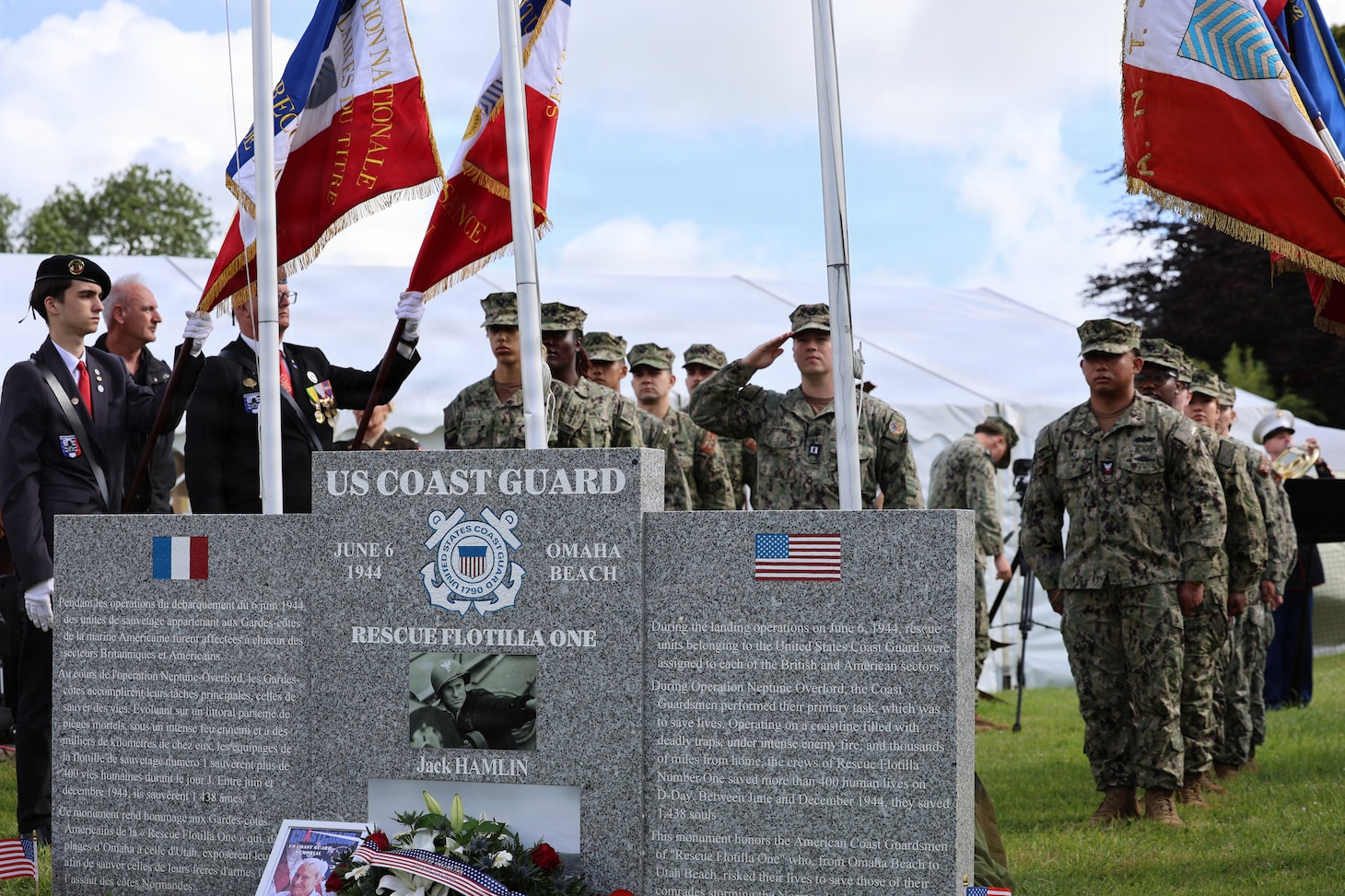 U.S. Navy Color Guard of Naval Forces Europe/Africa stand in formation to honor the memory of both Jack Hamlin and members of Flotilla One.