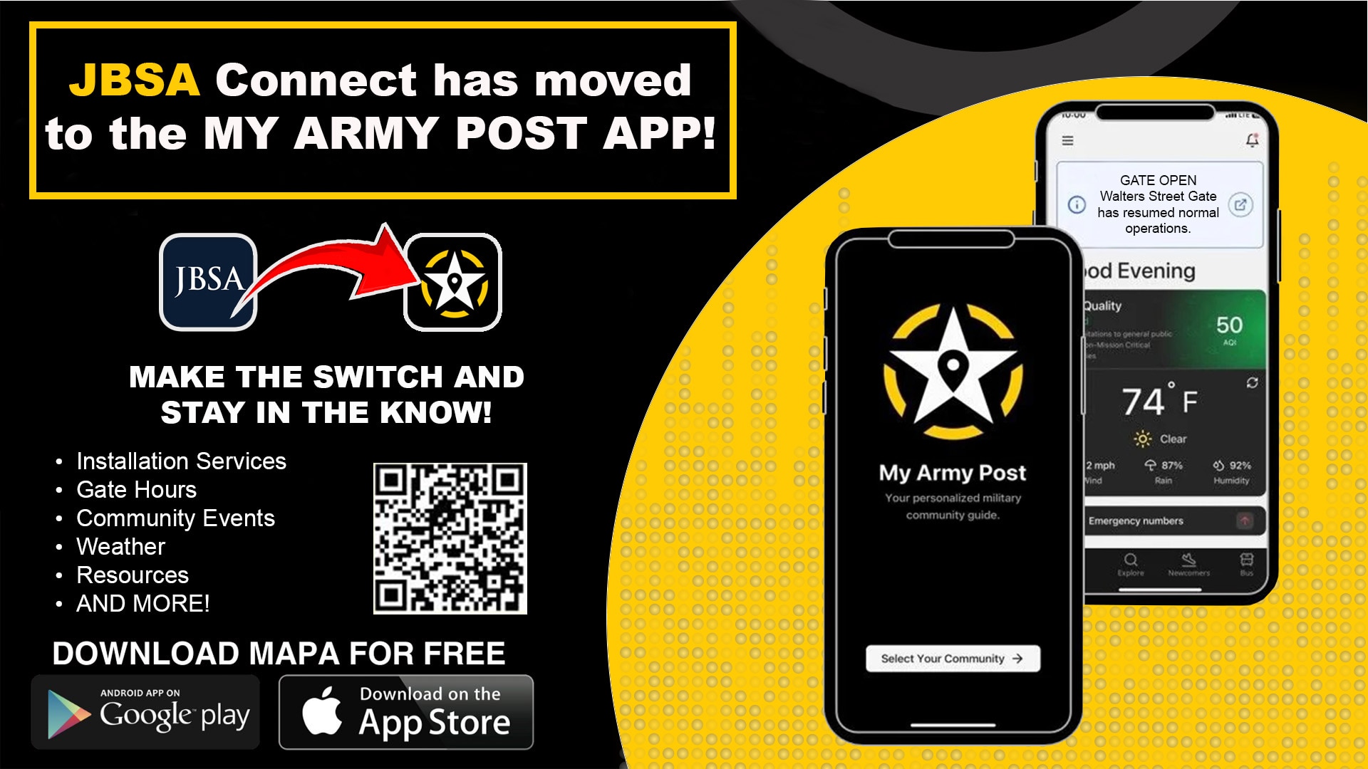 Graphic shows the face of a mobile phone that displays what the new app looks like. It also shows a QR code of where to download the app.