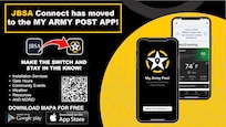 Graphic shows the face of a mobile phone that displays what the new app looks like. It also shows a QR code of where to download the app.