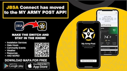 Graphic shows the face of a mobile phone that displays what the new app looks like. It also shows a QR code of where to download the app.
