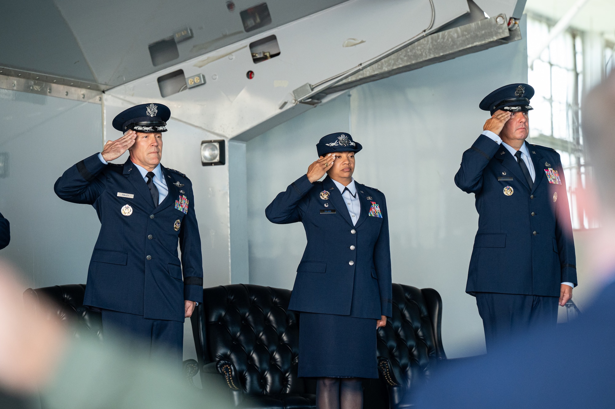 From left, U.S. Air Force Lt. Gen. Daniel Tulley, Air University commander and president, Col. Shamekia N. Toliver, outgoing commander of the 42d Air Base Wing and Col. Mike Gallucci, incoming commander of the 42 ABW, render salutes at Maxwell Air Force Base, Alabama, June 5, 2026.