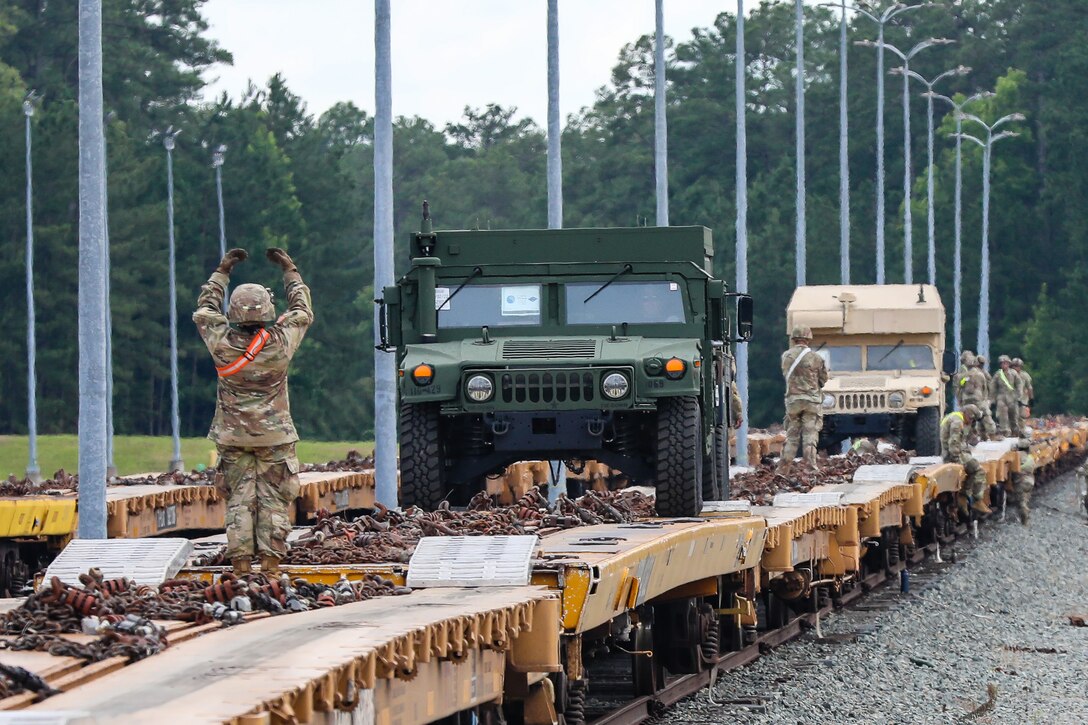 116th Mobile Brigade Combat Team unload vehicles and equipment from railcars June 3, 2026, at Fort Polk, Louisiana.