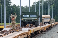 116th Mobile Brigade Combat Team unload vehicles and equipment from railcars June 3, 2026, at Fort Polk, Louisiana.