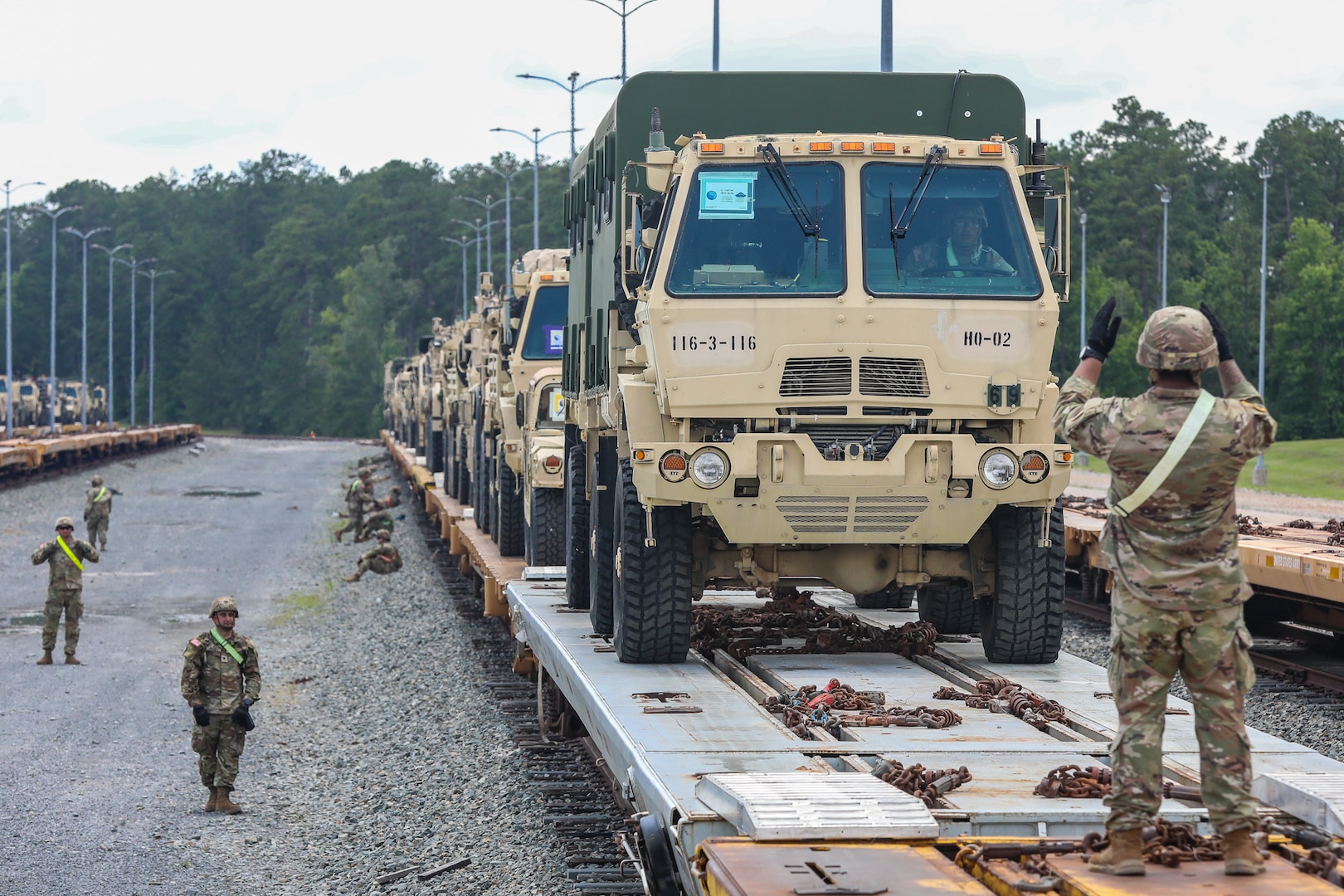 116th Mobile Brigade Combat Team unload vehicles and equipment from railcars June 3, 2026, at Fort Polk, Louisiana.