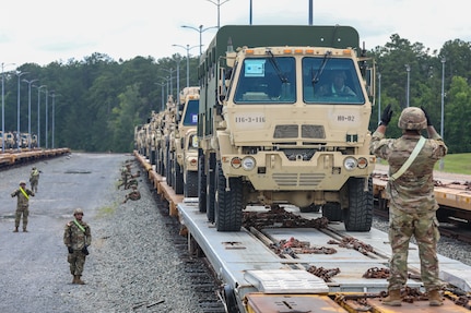 116th Mobile Brigade Combat Team unload vehicles and equipment from railcars June 3, 2026, at Fort Polk, Louisiana.
