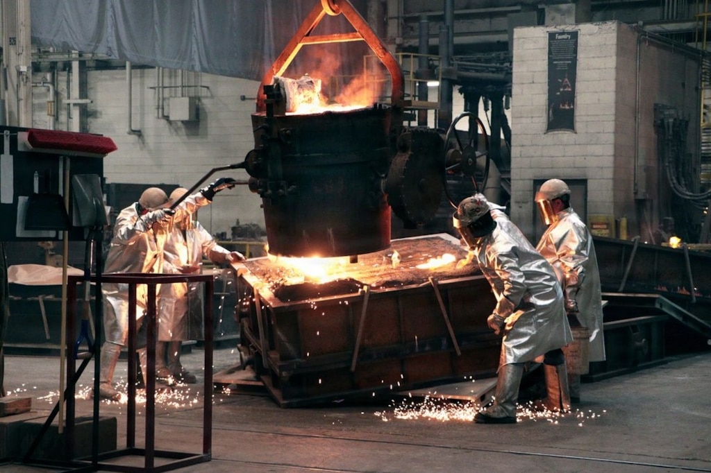 Molten metal fills molds on the foundry floor at Joint Manufacturing and Technology Center in Rock Island Arsenal, Illinois, April 23, 2026.