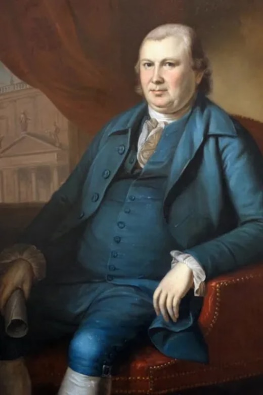 A painting depicting a man in colonial attire sitting in a chair.