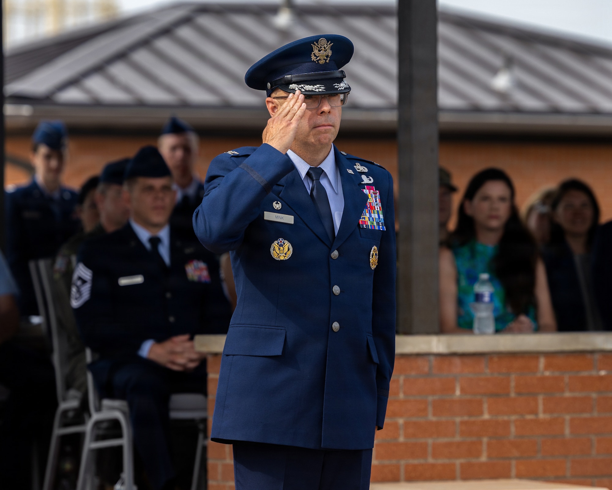 U.S. Air Force Col. Samuel Mink, 82nd Training Wing and installation incoming commander, renders a salute during the 82nd TRW change of command ceremony at Sheppard Air Force Base, Texas, June 5, 2026.